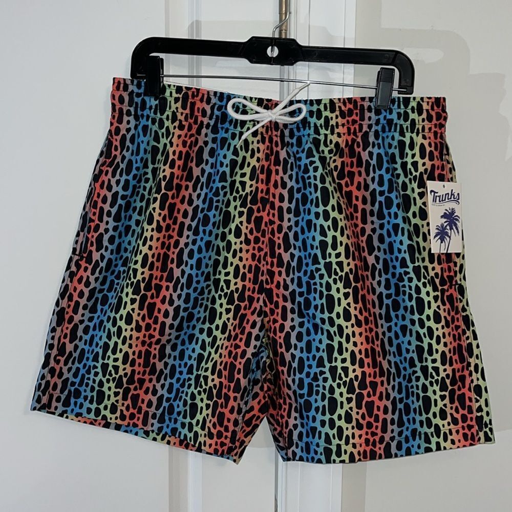 New Trunks Surf & Swim Co 3 Pocket Rainbow LBGTQ Leopard Print Lined Swim Shorts